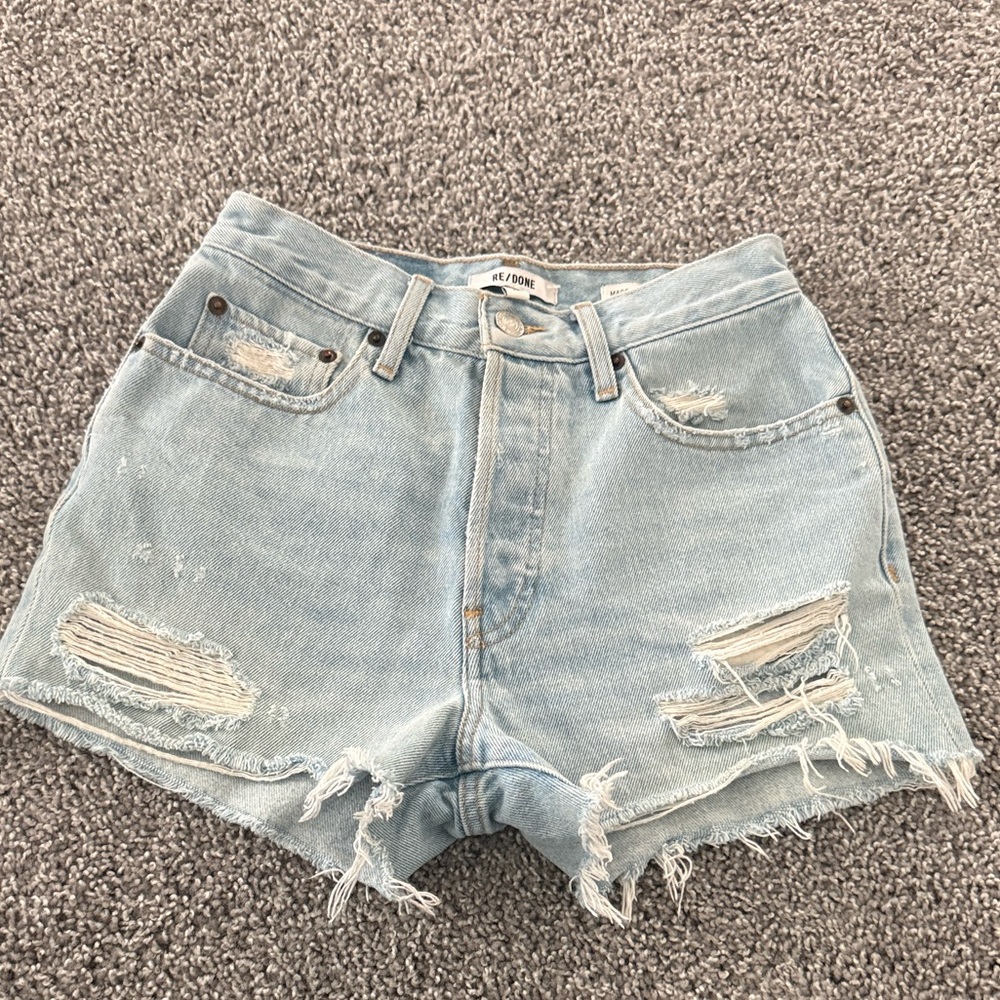 Re/Done Light Blue Distressed Jean Shorts